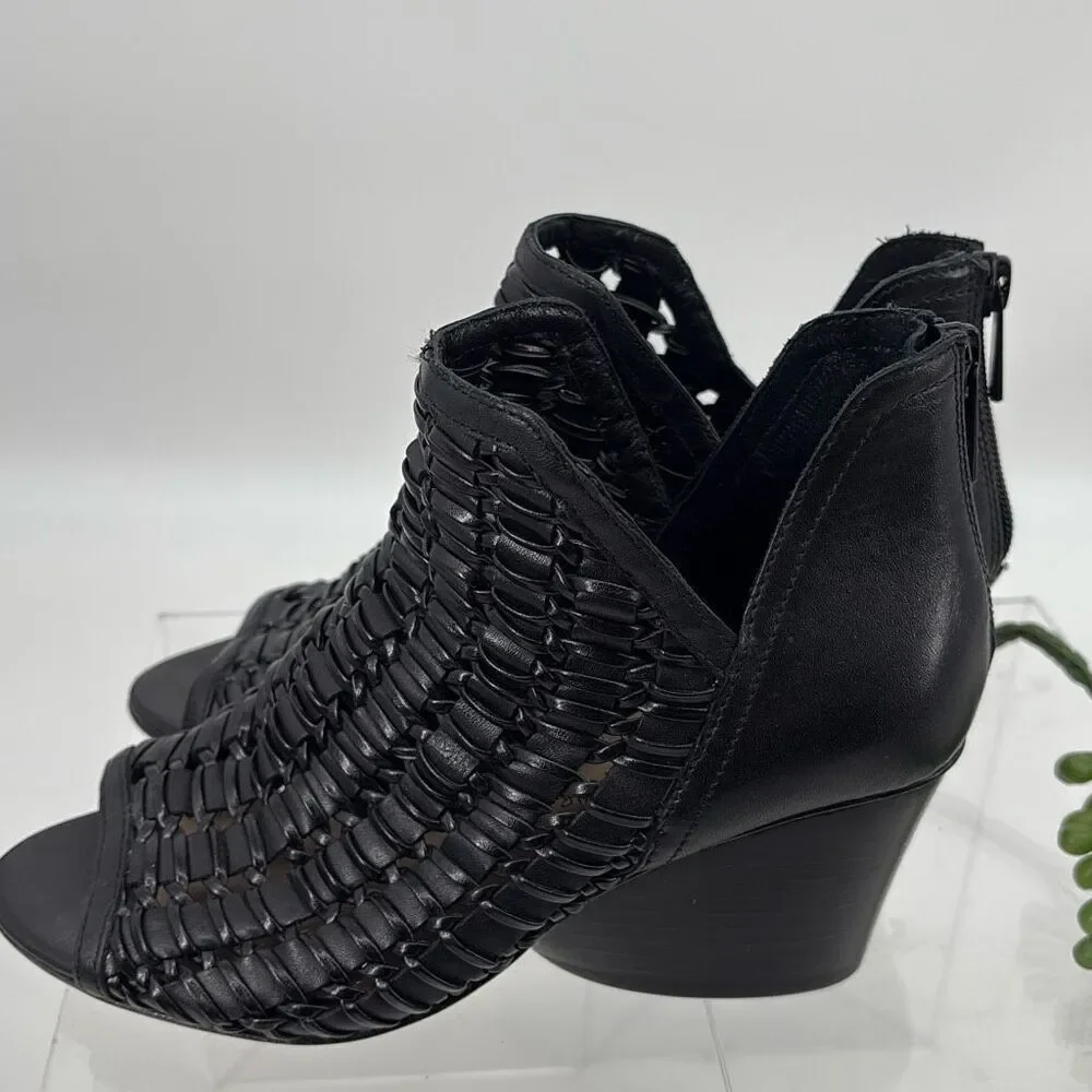 New Donald J Pliner Women's JACQI‎ Woven Wedge Peep Toe Zip Bootie Black 6